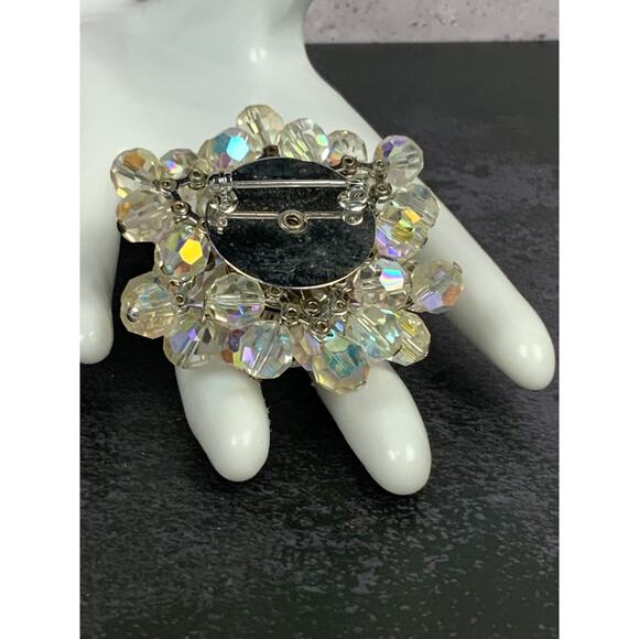 Aurora Borealis Crystal Beaded Brooch Super Charming Silver Tone Frame Vintage - Picture 8 of 9